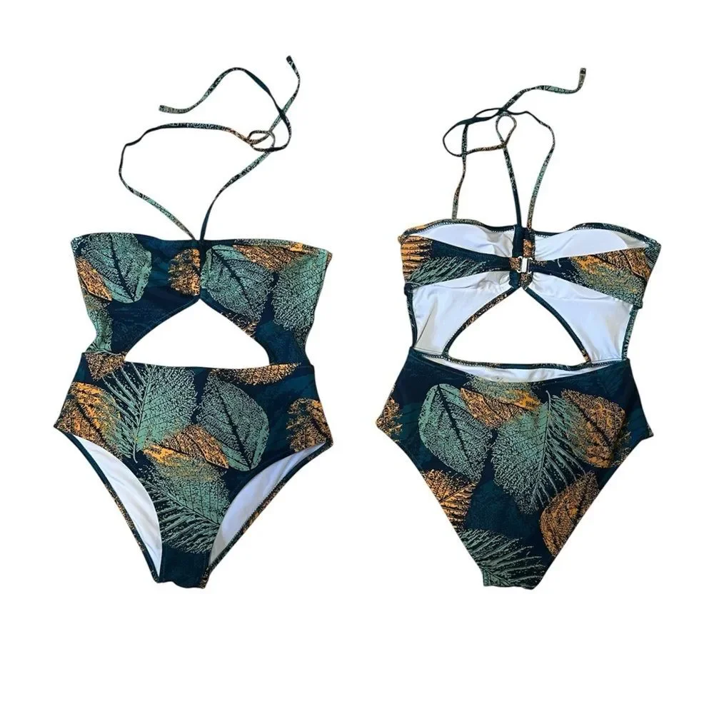NWT Cupshe Green and Gold Leaf Print Center Cut Out Halter Neck Bikini Sz Medium
